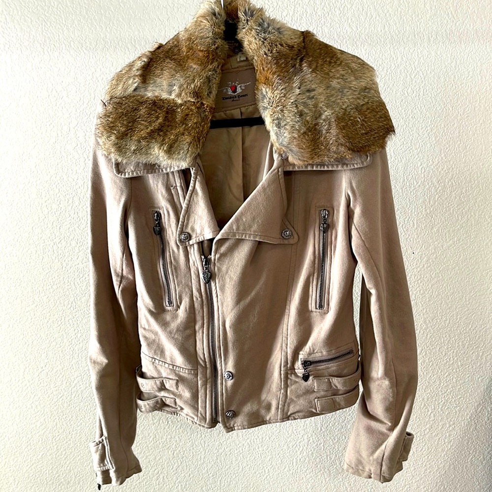 Brown Moto jacket with removal fur collar.